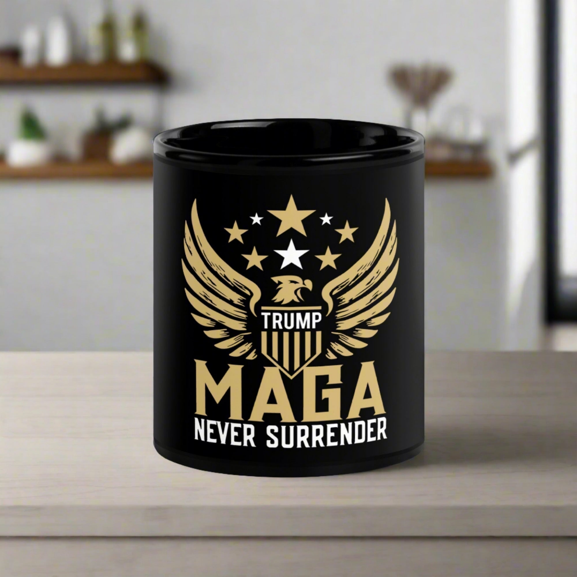 NEVER SURRENDER Black Glossy Mug